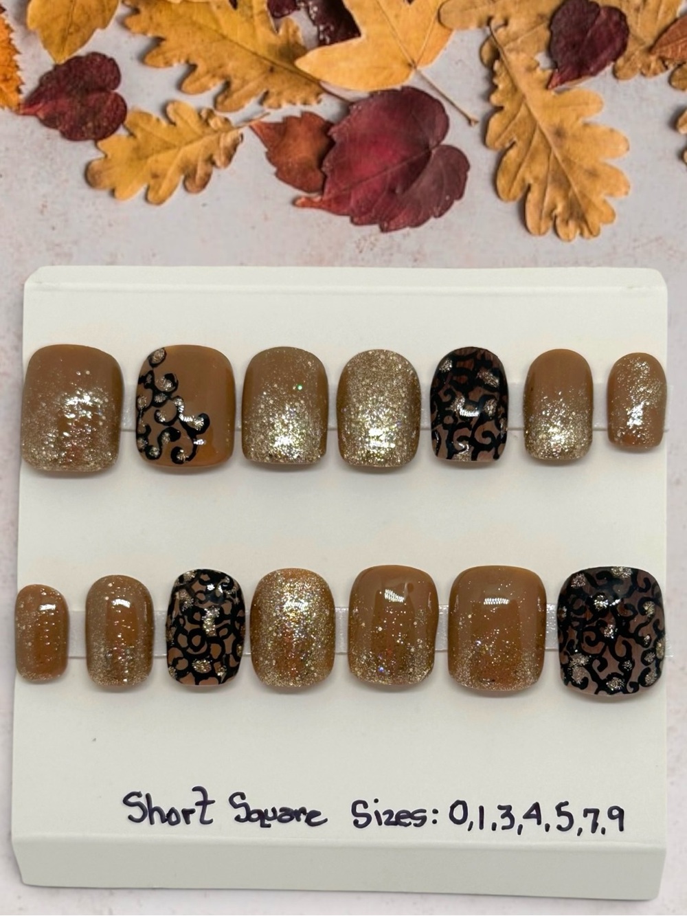 Handmade Custom Press On Nails Short Square Fall Nails Neutral Brown + Sparkle